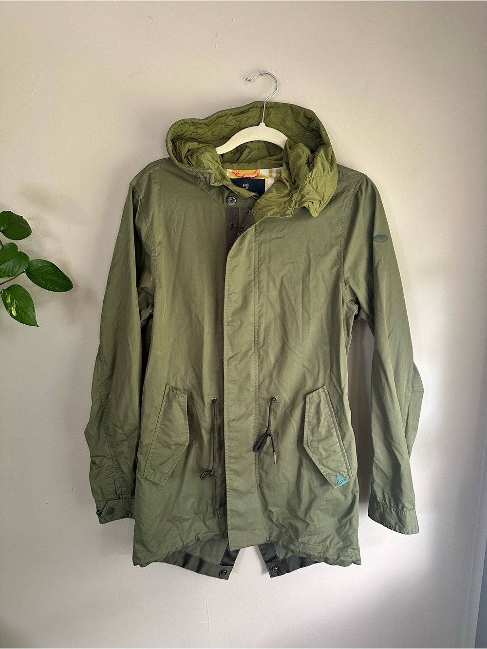 Scotch & Soda olive green hooded jacket with patterned yellow lining Parka